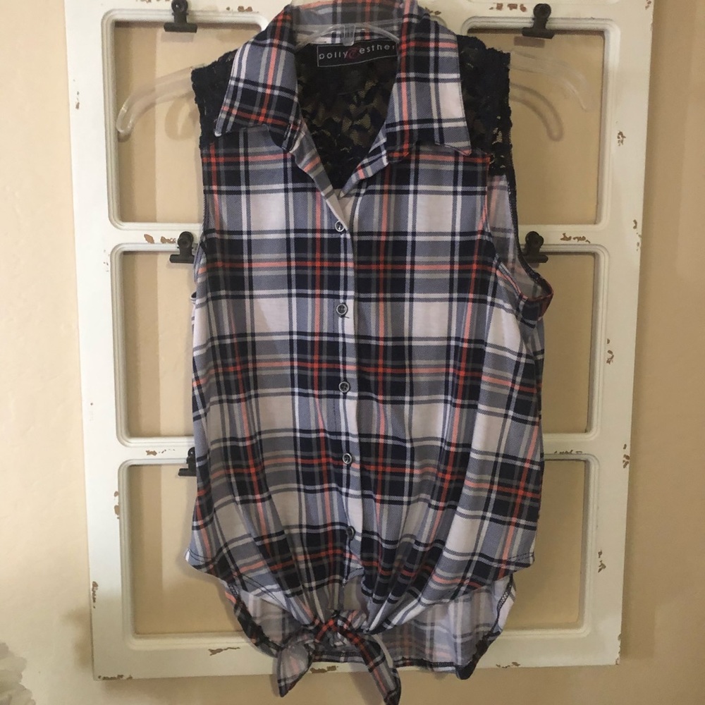 Polly & Esther blue plaid sleeveless tie shirt